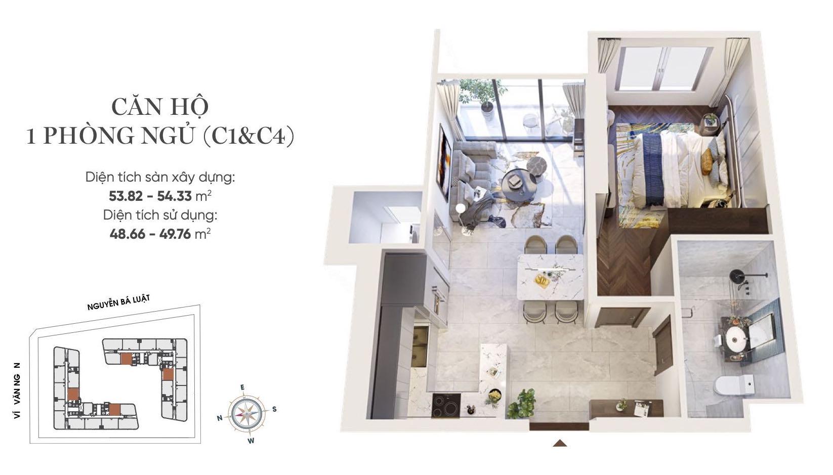 Layout thiết kế căn hộ 1PN (C1 & C4) King Crown infinity