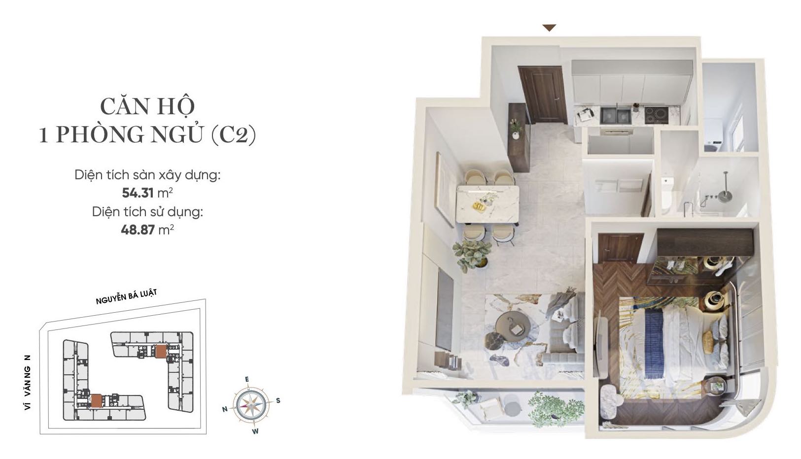 Layout thiết kế căn hộ 1PN (C2) King Crown infinity