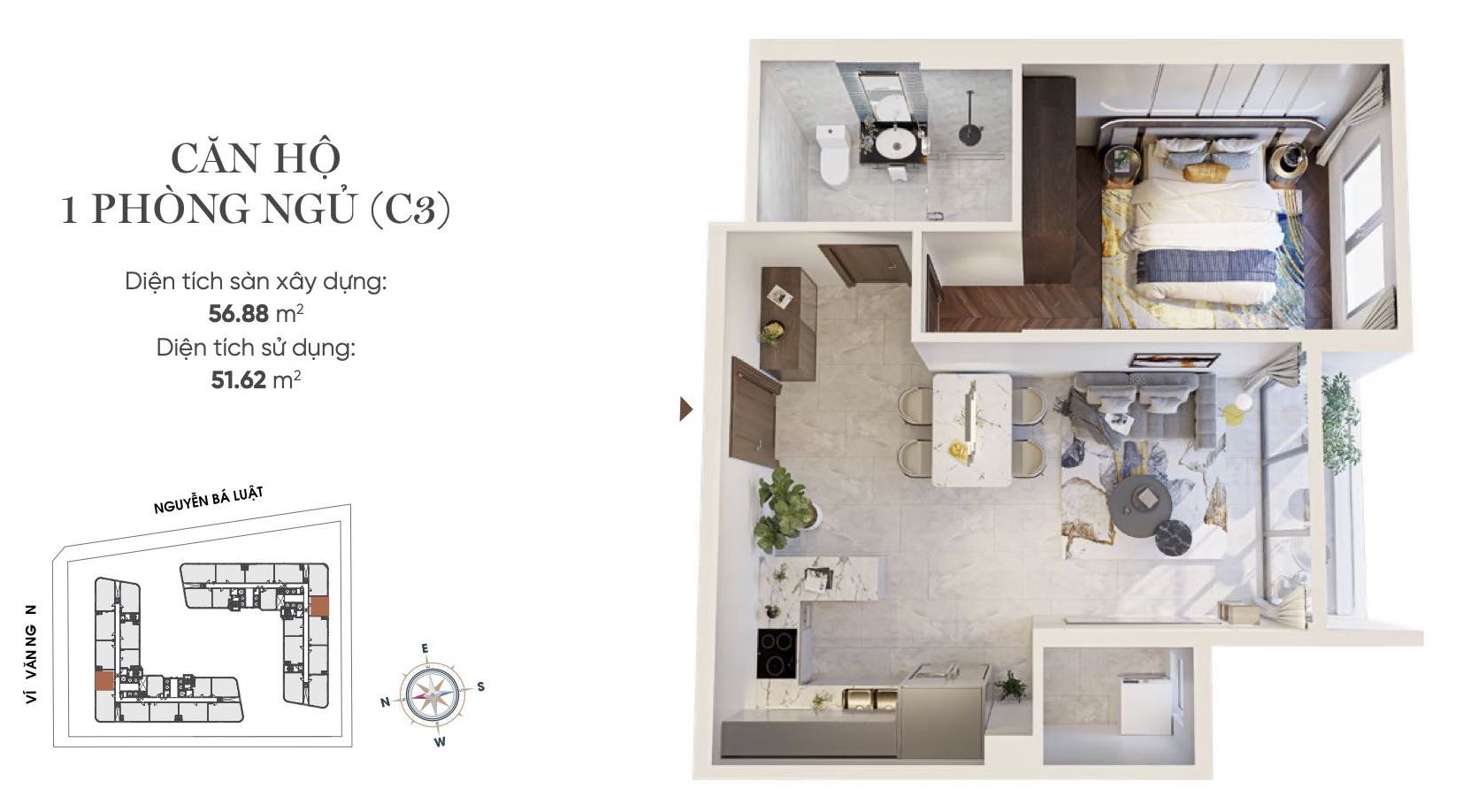 Layout thiết kế căn hộ 1PN (C3) King Crown infinity