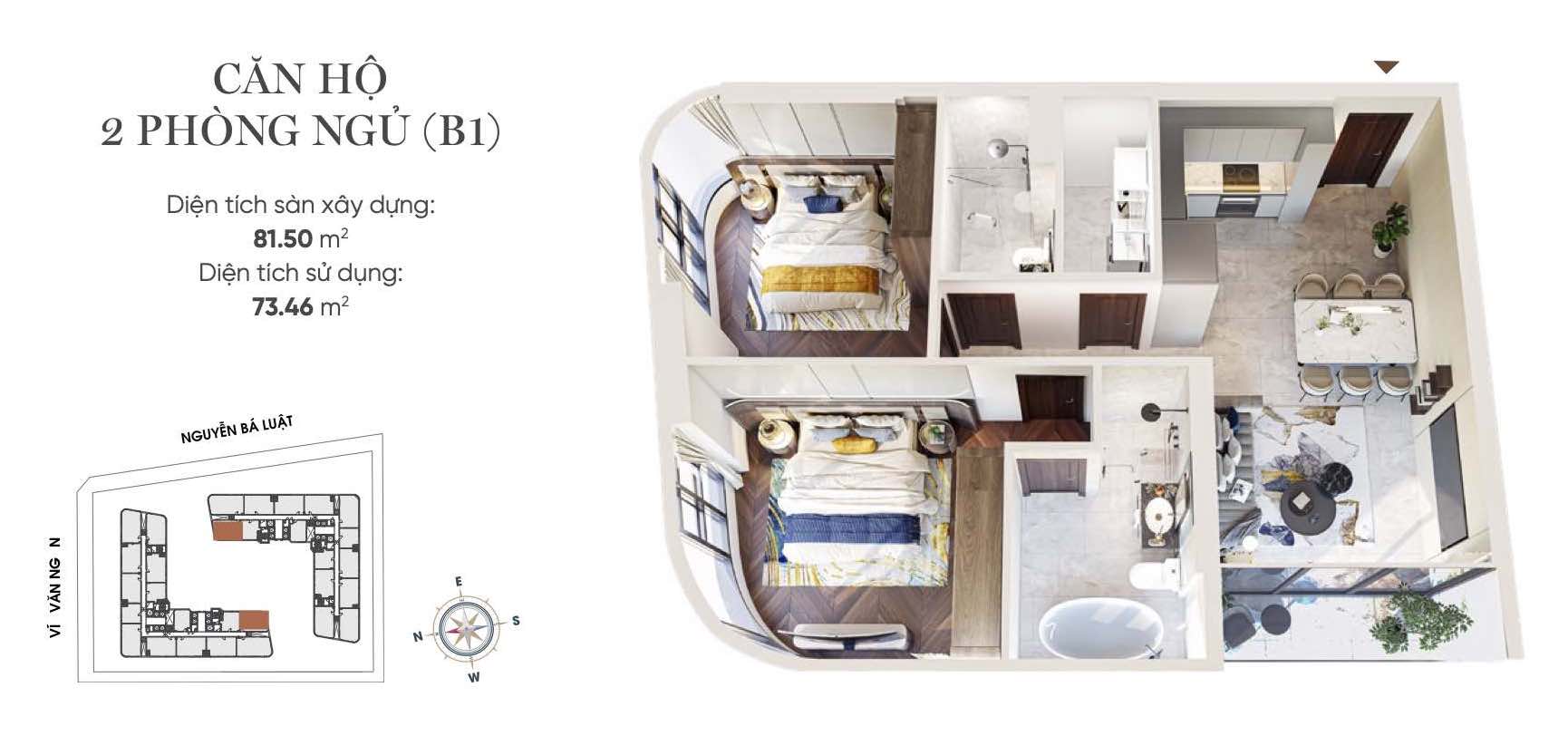 Layout thiết kế căn hộ 2PN (B1) King Crown infinity