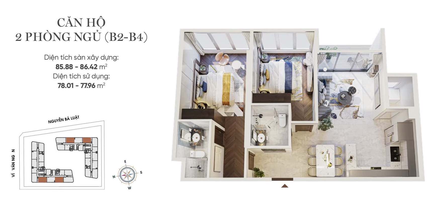 Layout thiết kế căn hộ 2PN (B2 & B4) King Crown infinity