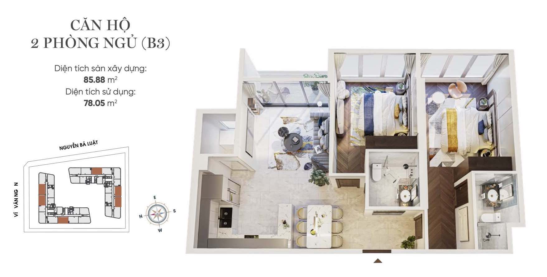 Layout thiết kế căn hộ 2PN (B3) King Crown infinity