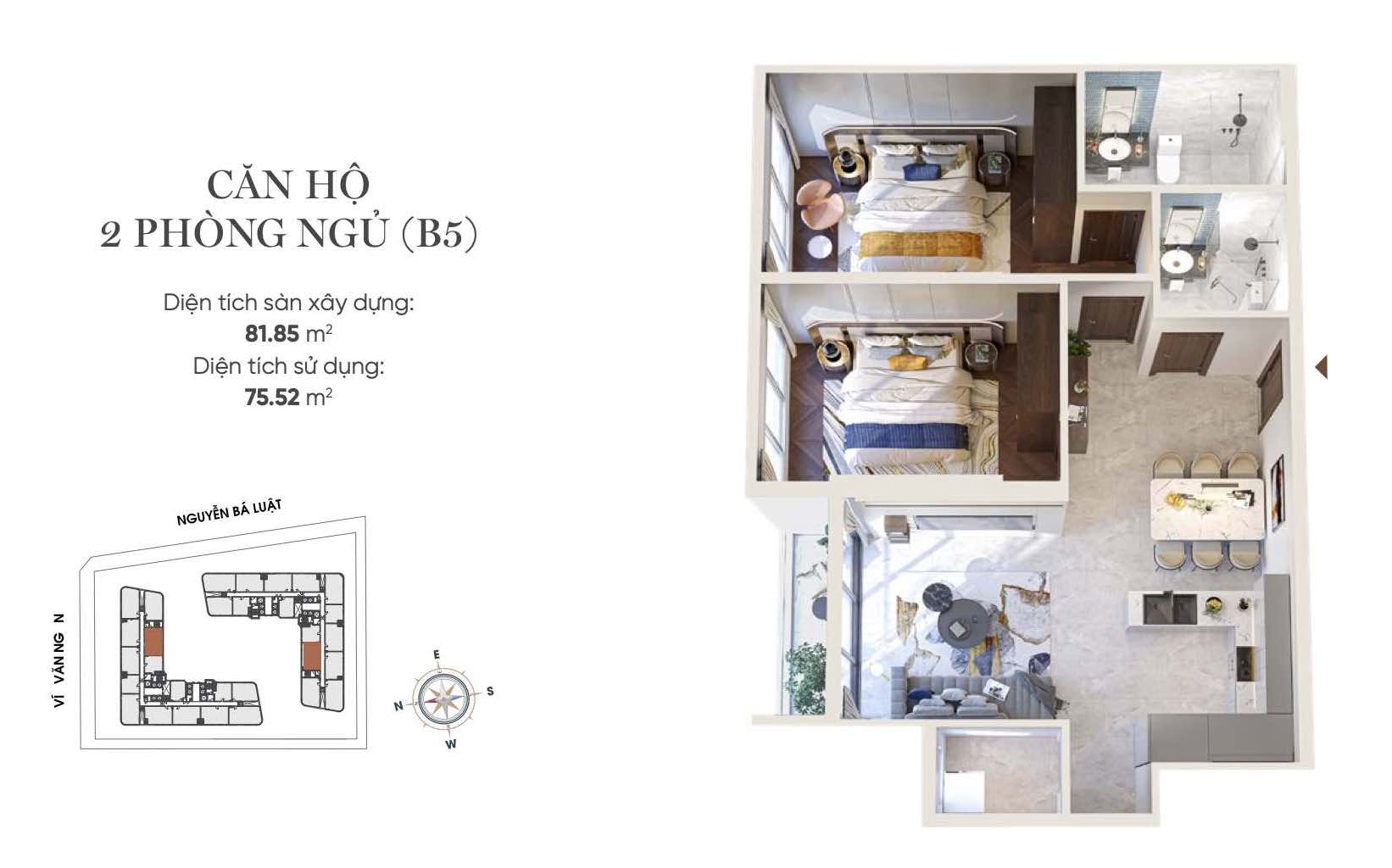 Layout thiết kế căn hộ 2PN (B5) King Crown infinity