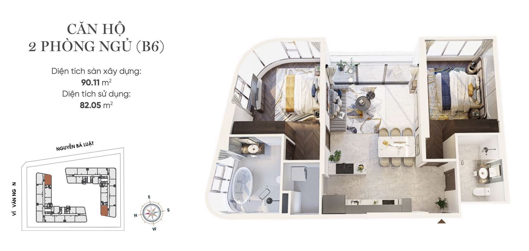 Layout thiết kế căn hộ 2PN (B6) King Crown infinity