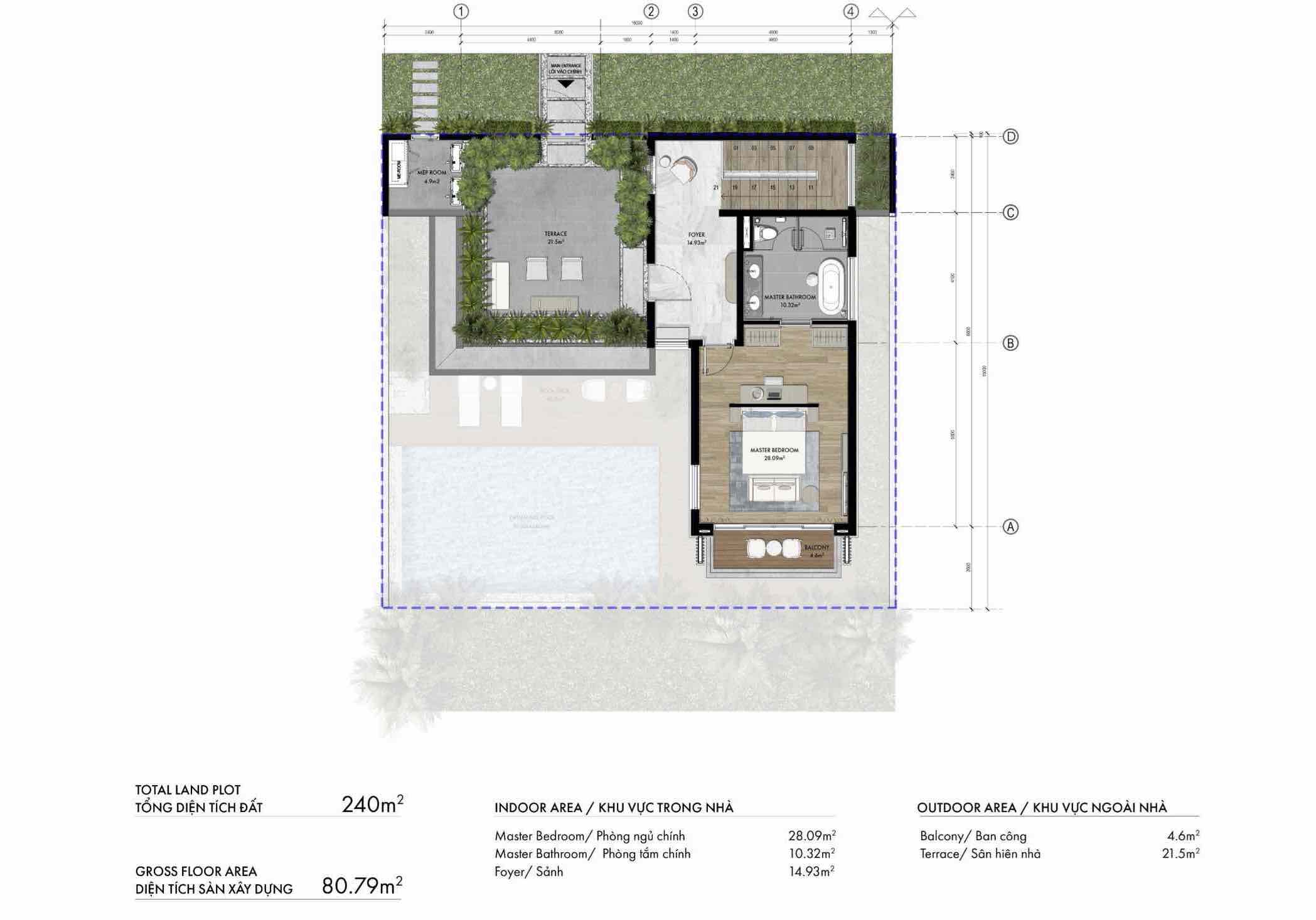 Layout Biệt thự Courtyard Pool+ Villa 2PN The Hill Vĩnh Hội