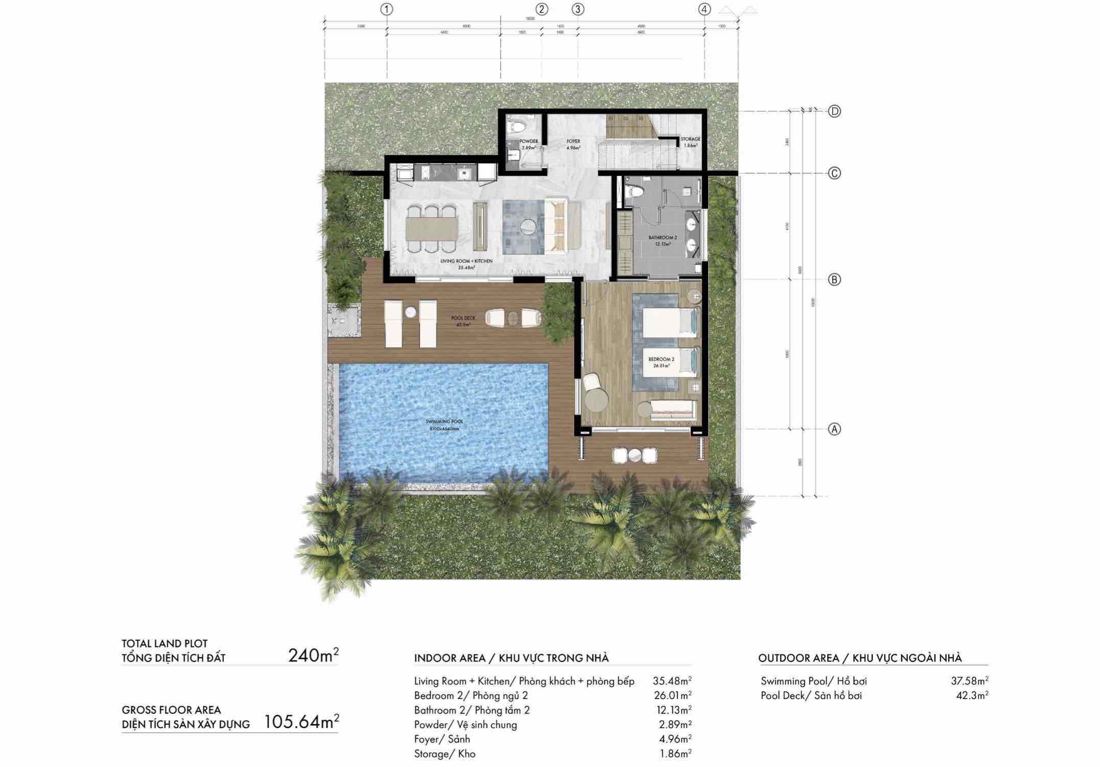 Layout Biệt thự Courtyard Pool+ Villa 2PN The Hill Vĩnh Hội