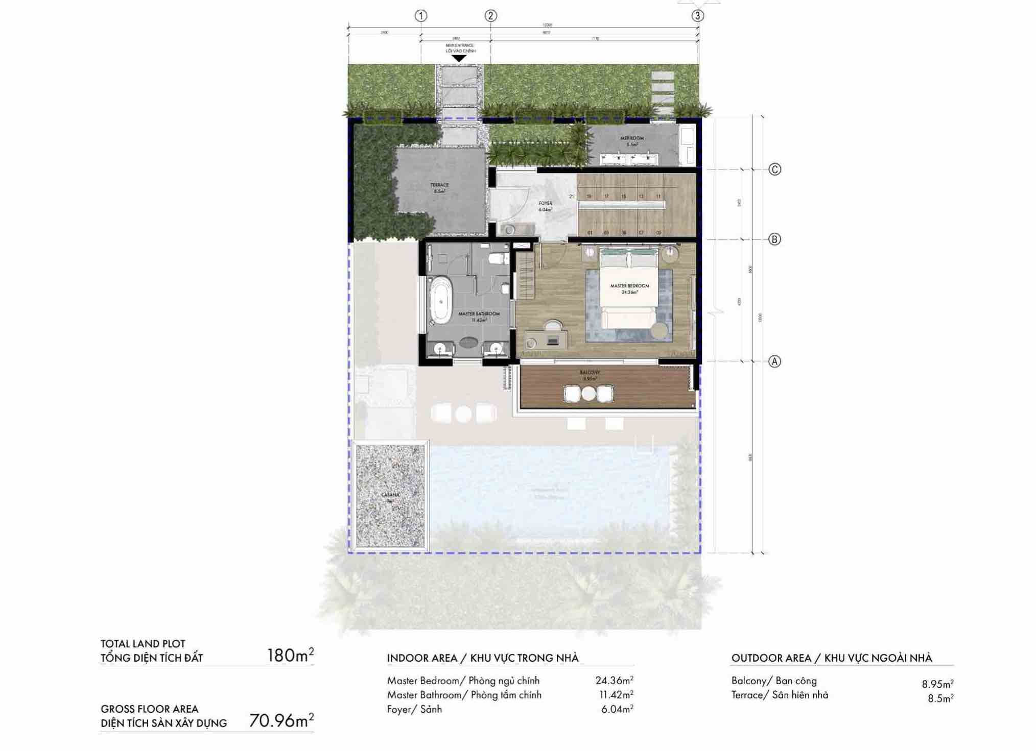 Layout Biệt thự Courtyard Pool CP 2PN The Hill Vĩnh Hội