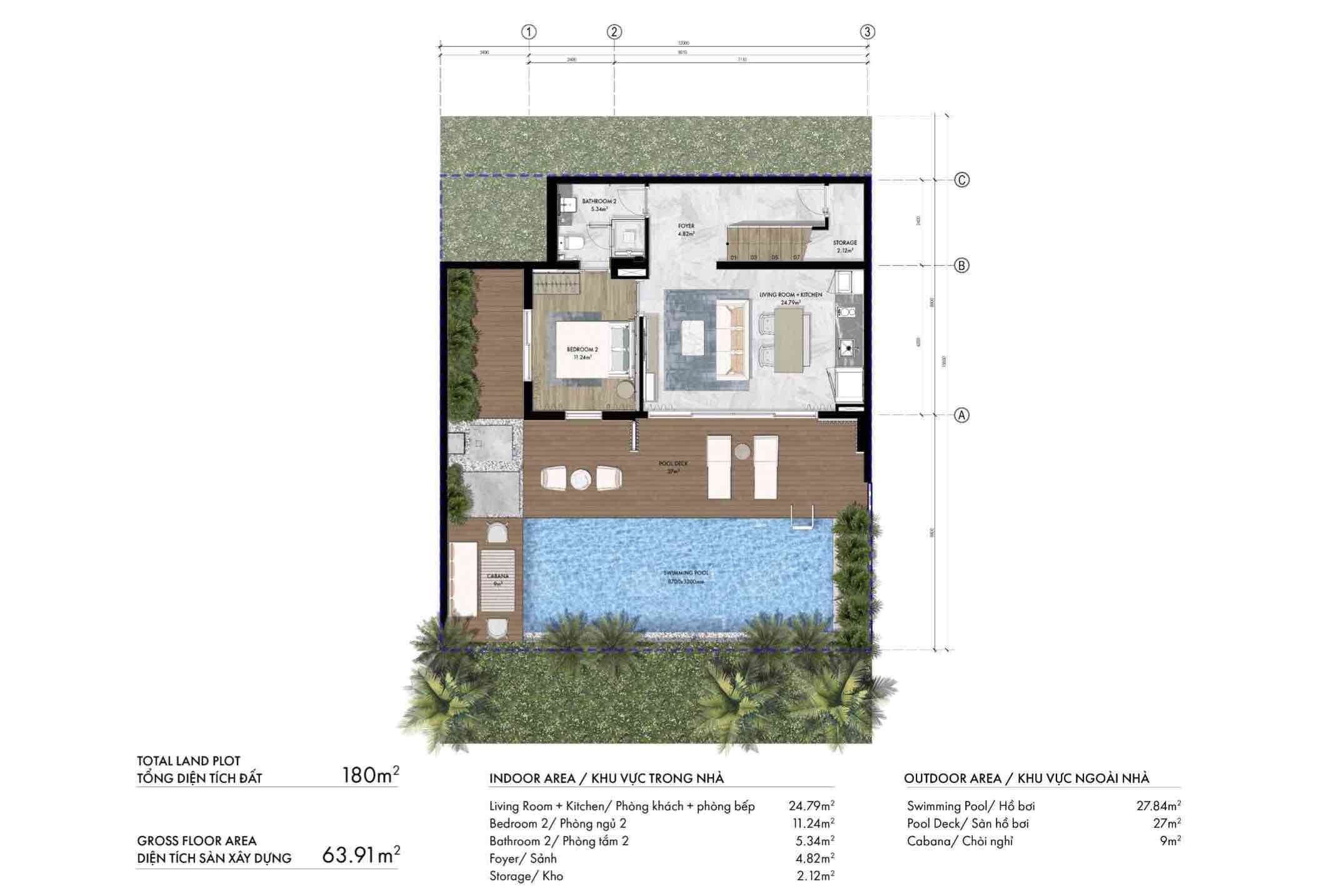 Layout Biệt thự Courtyard Pool CP 2PN The Hill Vĩnh Hội