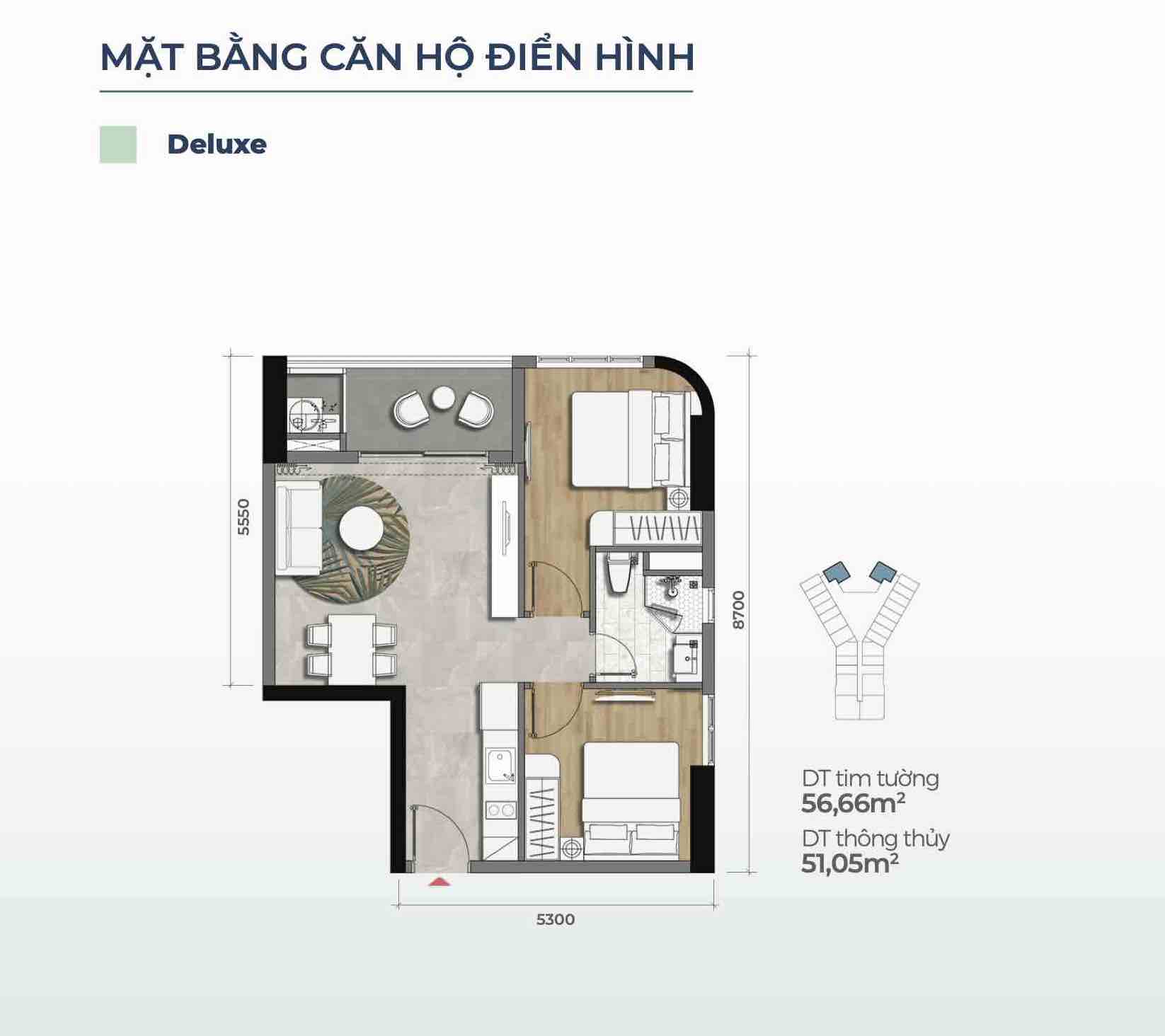Layout căn Deluxe (Căn 2PN) Merry Home - Marina District Quy Nhơn
