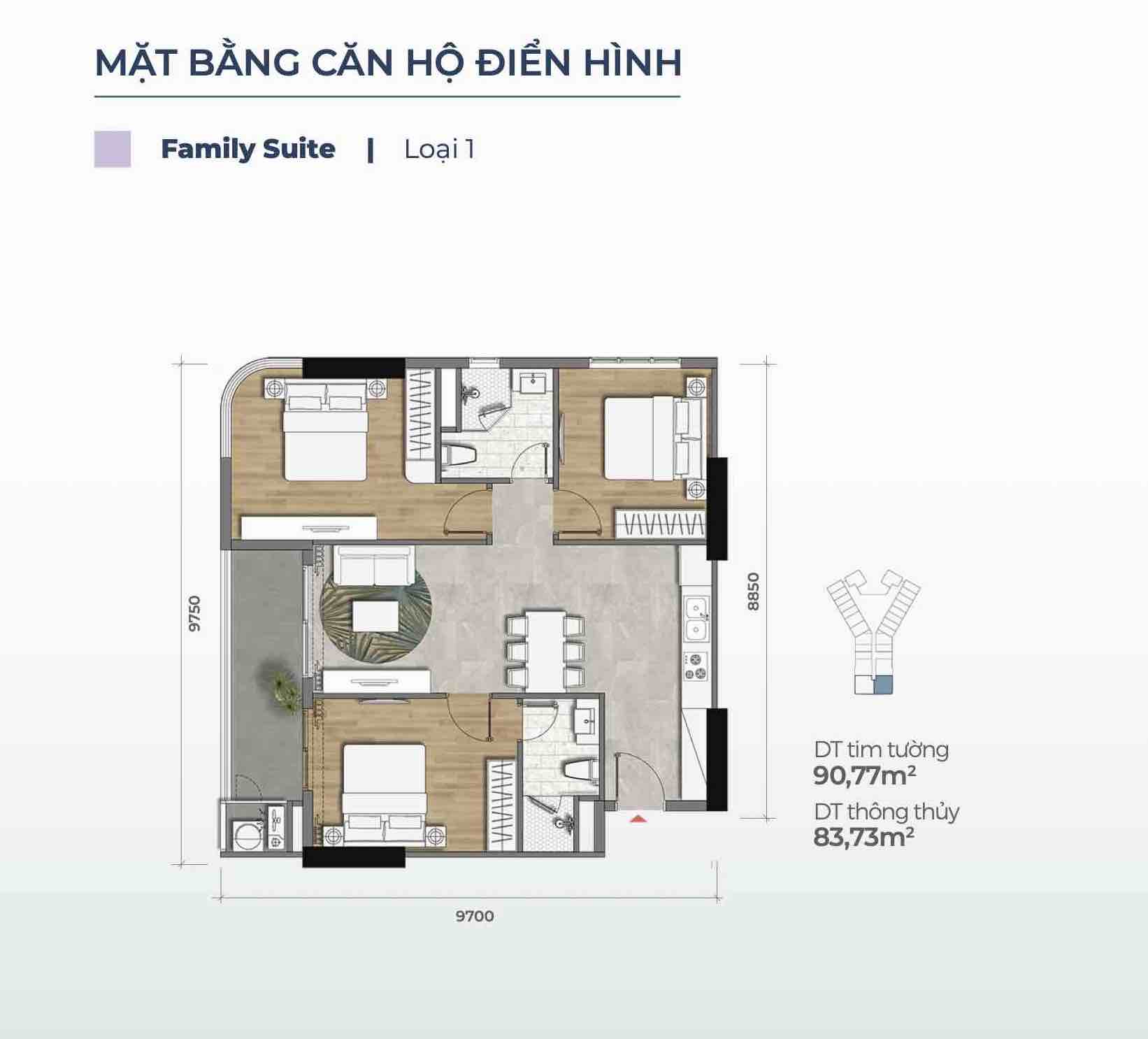 Layout căn Family Suite (Căn 3PN) Merry Home - Marina District Quy Nhơn