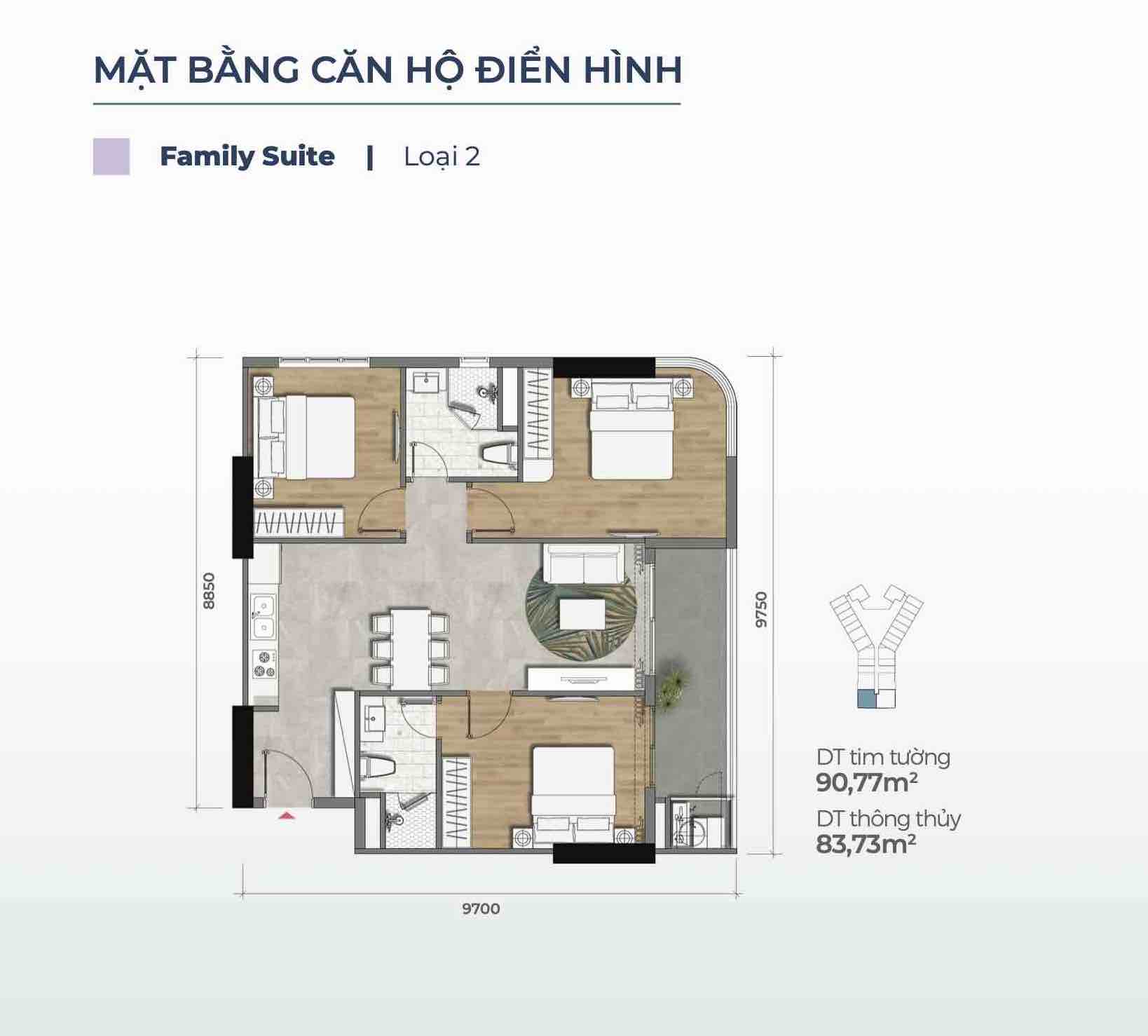 Layout căn Family Suite loại 2 (Căn 3PN) Merry Home - Marina District Quy Nhơn