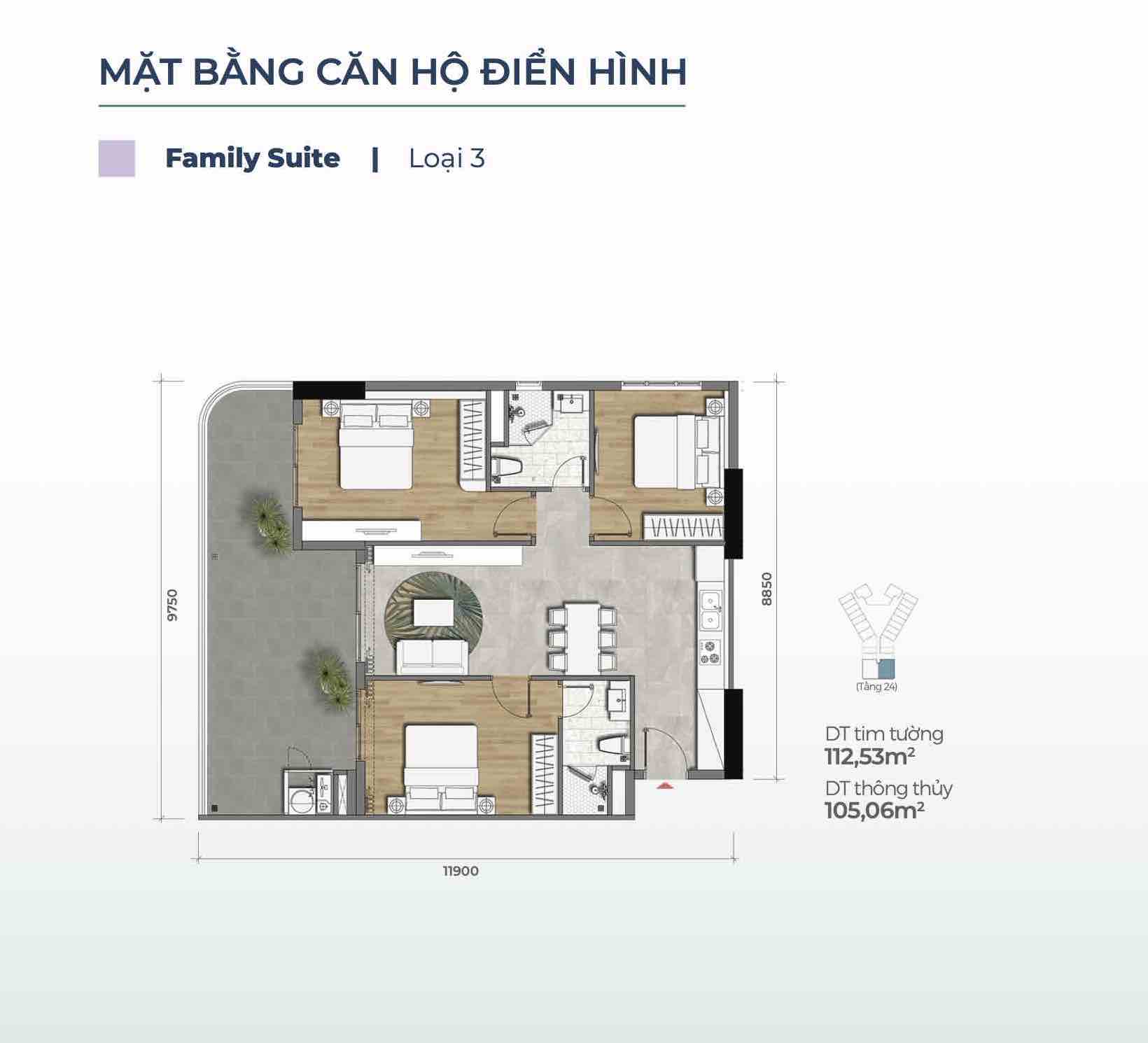 Layout căn Family Suite loại 3 (Căn 3PN) Merry Home - Marina District Quy Nhơn