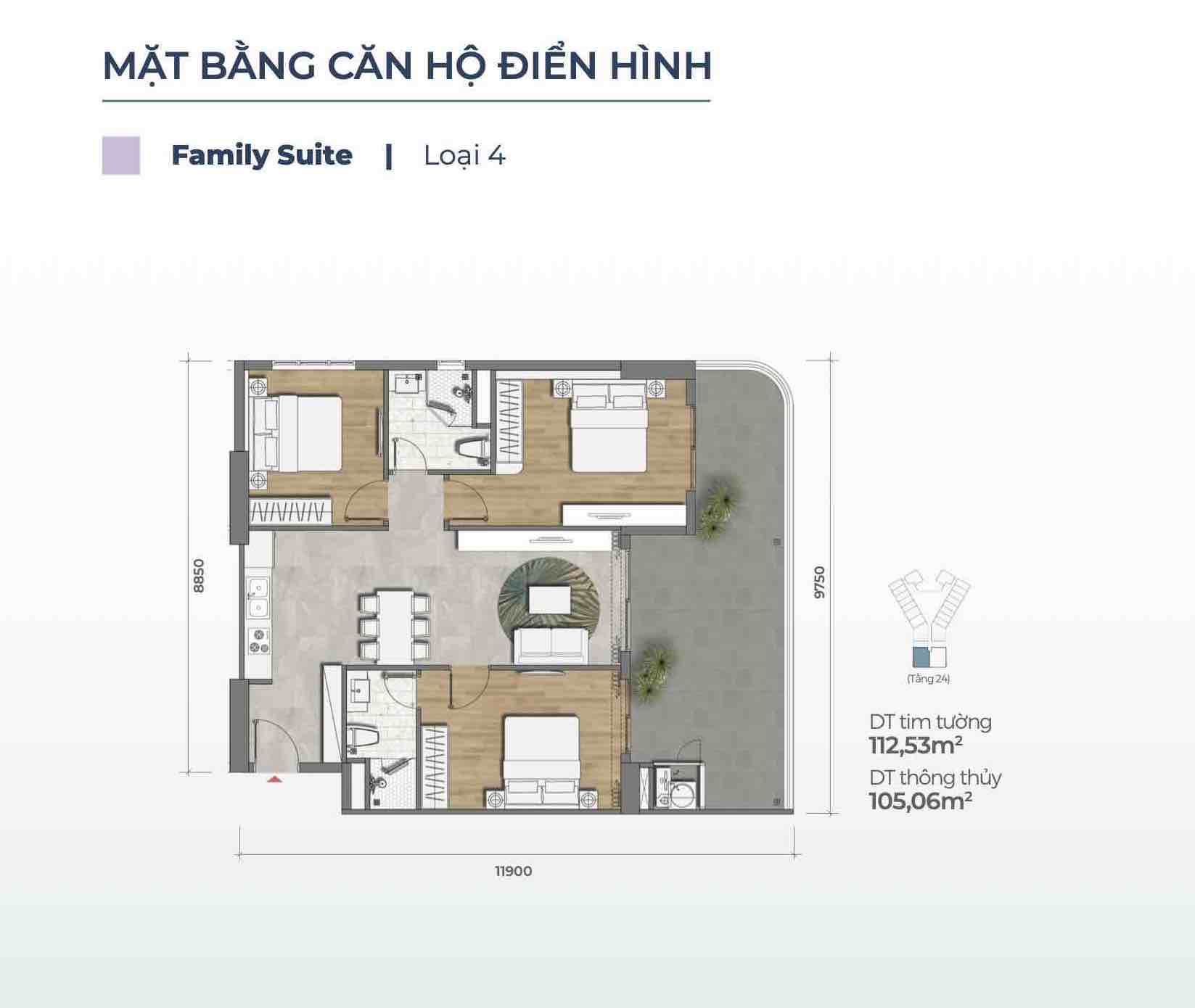 Layout căn Family Suite loại 4 (Căn 3PN) Merry Home - Marina District Quy Nhơn