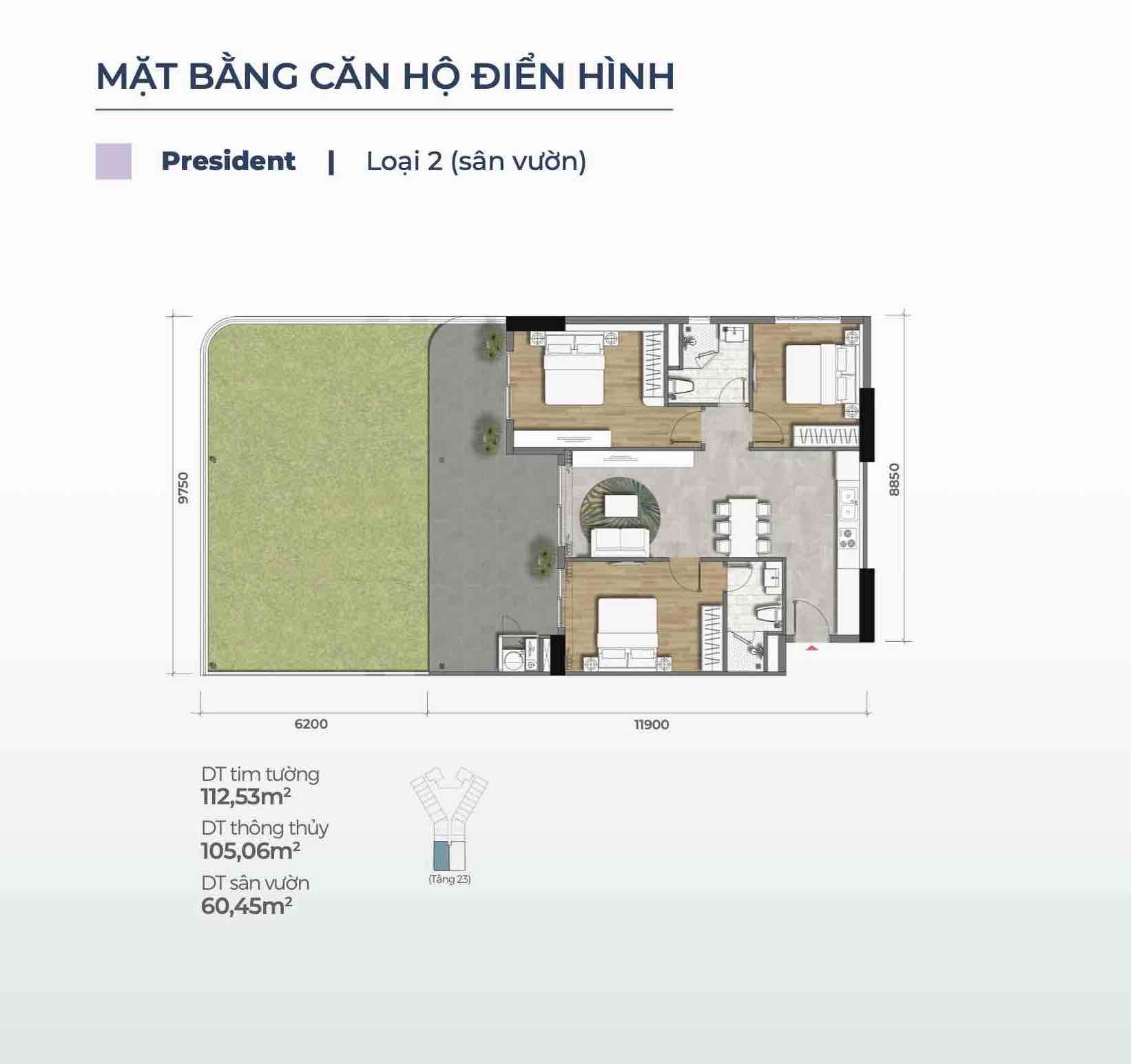 Layout căn President loại 2 (Căn sân vườn) Merry Home - Marina District Quy Nhơn