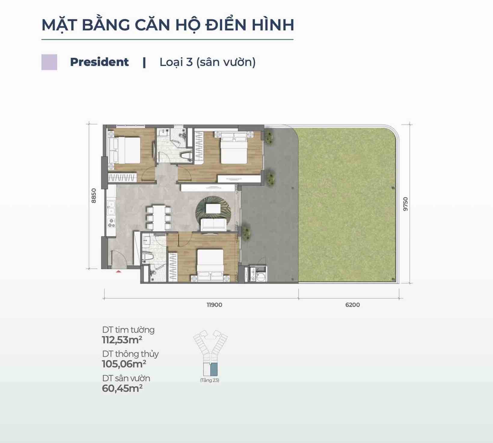 Layout căn President loại 3 (Căn sân vườn) Merry Home - Marina District Quy Nhơn