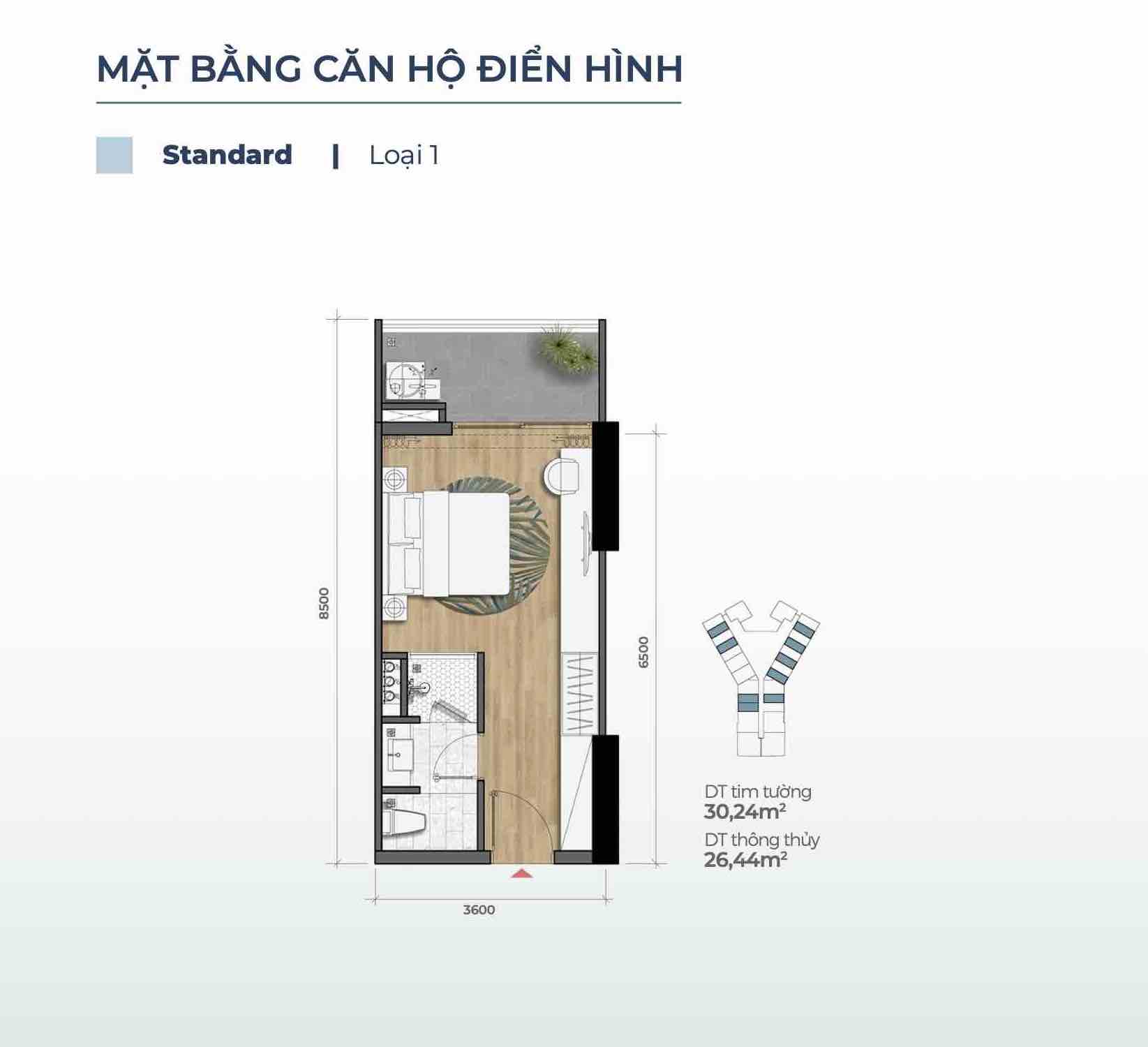 Layout căn Standard loại 1 (Căn Studio) Merry Home Quy Nhơn