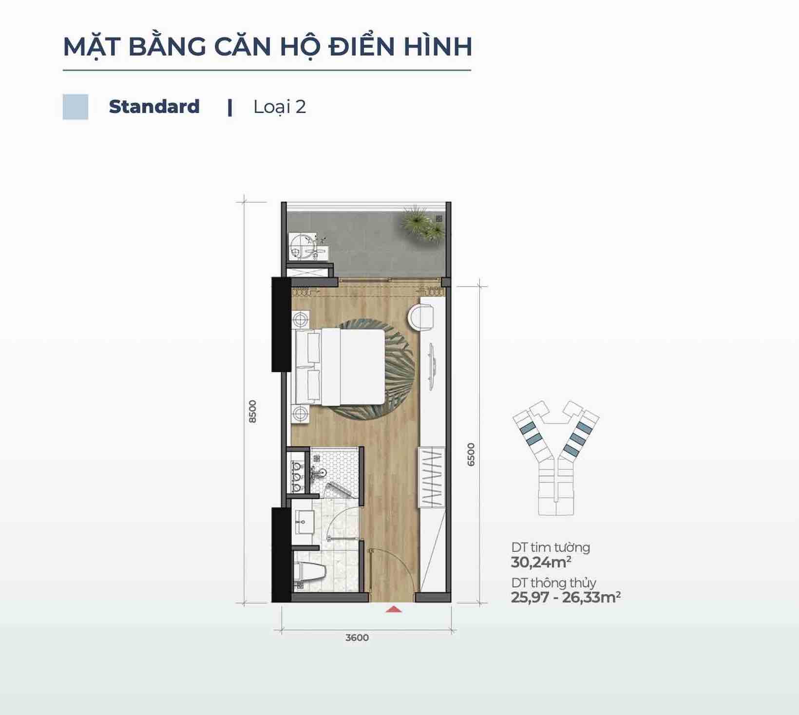 Layout căn Standard loại 2 (Căn Studio) Merry Home Quy Nhơn
