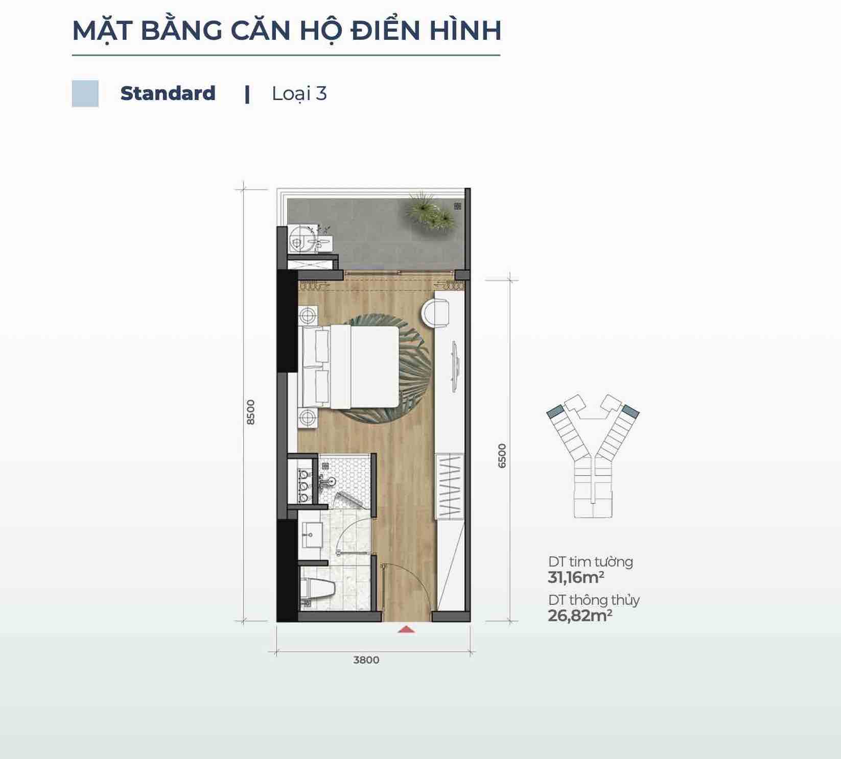 Layout căn Standard loại 3 (Căn Studio) Merry Home Quy Nhơn