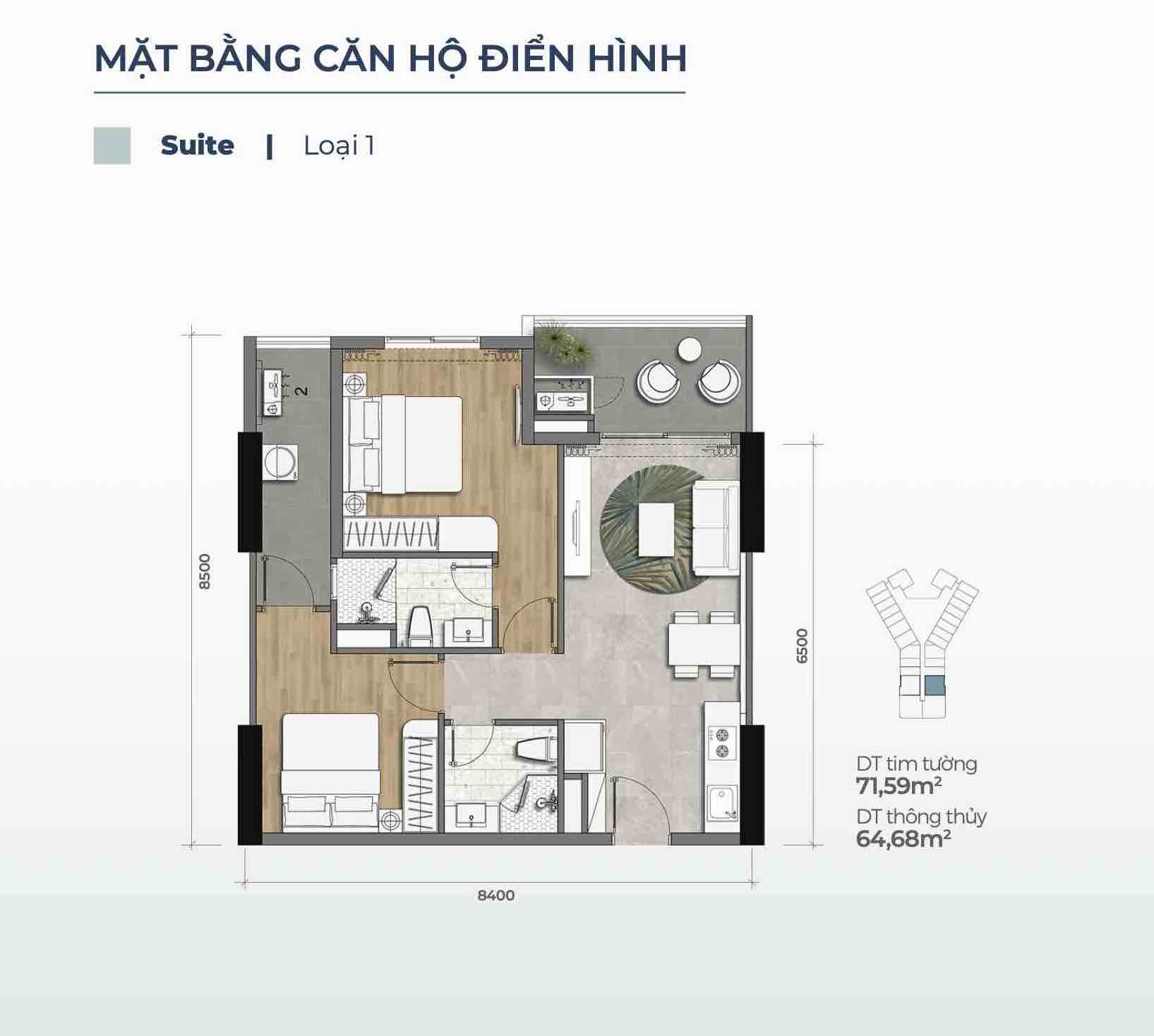 Layout căn Suite loại 1 (Căn 2PN) Merry Home - Marina District Quy Nhơn