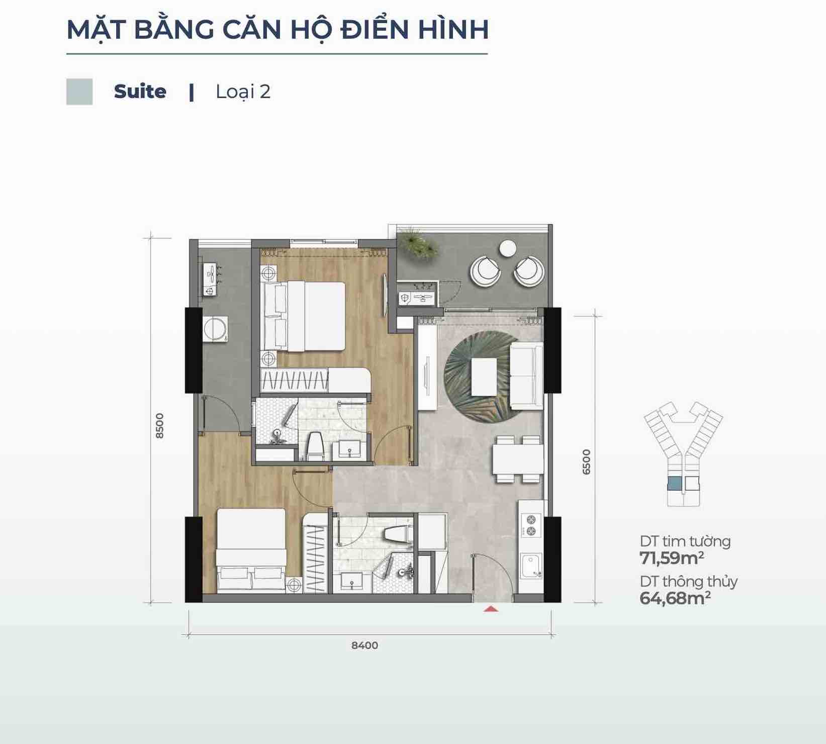 Layout căn Suite loại 2 (Căn 2PN) Merry Home - Marina District Quy Nhơn
