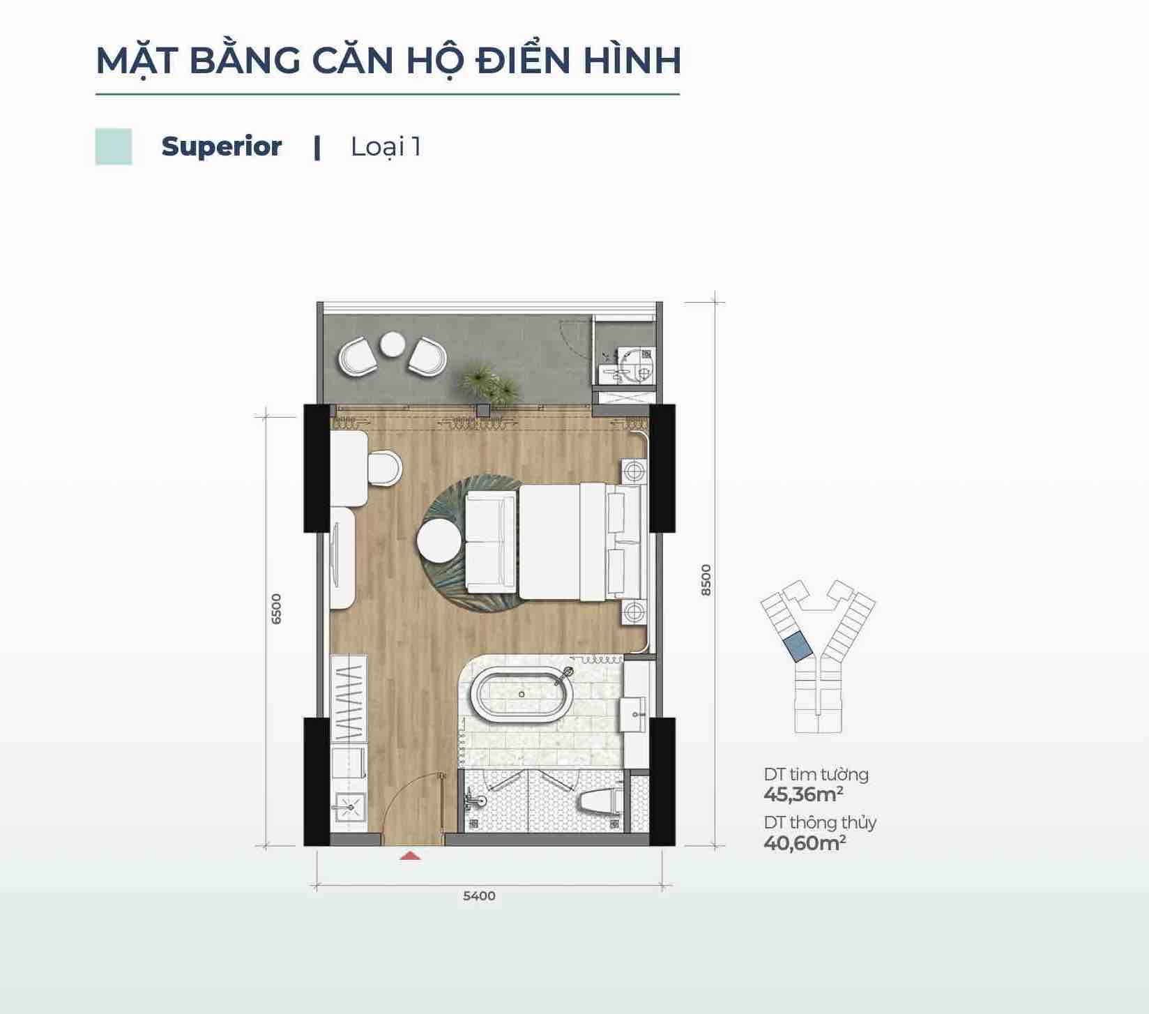 Layout căn Superior loại 1 (Căn 1PN) Merry Home - Marina District Quy Nhơn