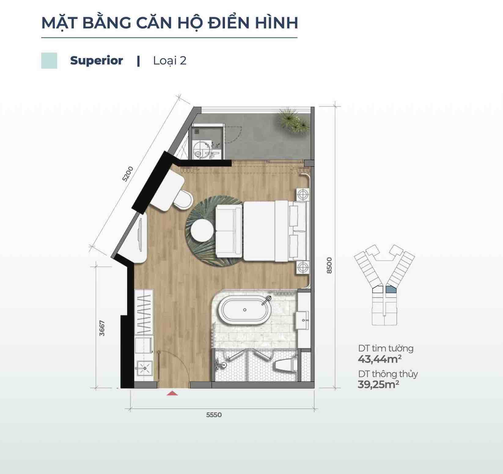 Layout căn Superior loại 2 (Căn 1PN) Merry Home - Marina District Quy Nhơn