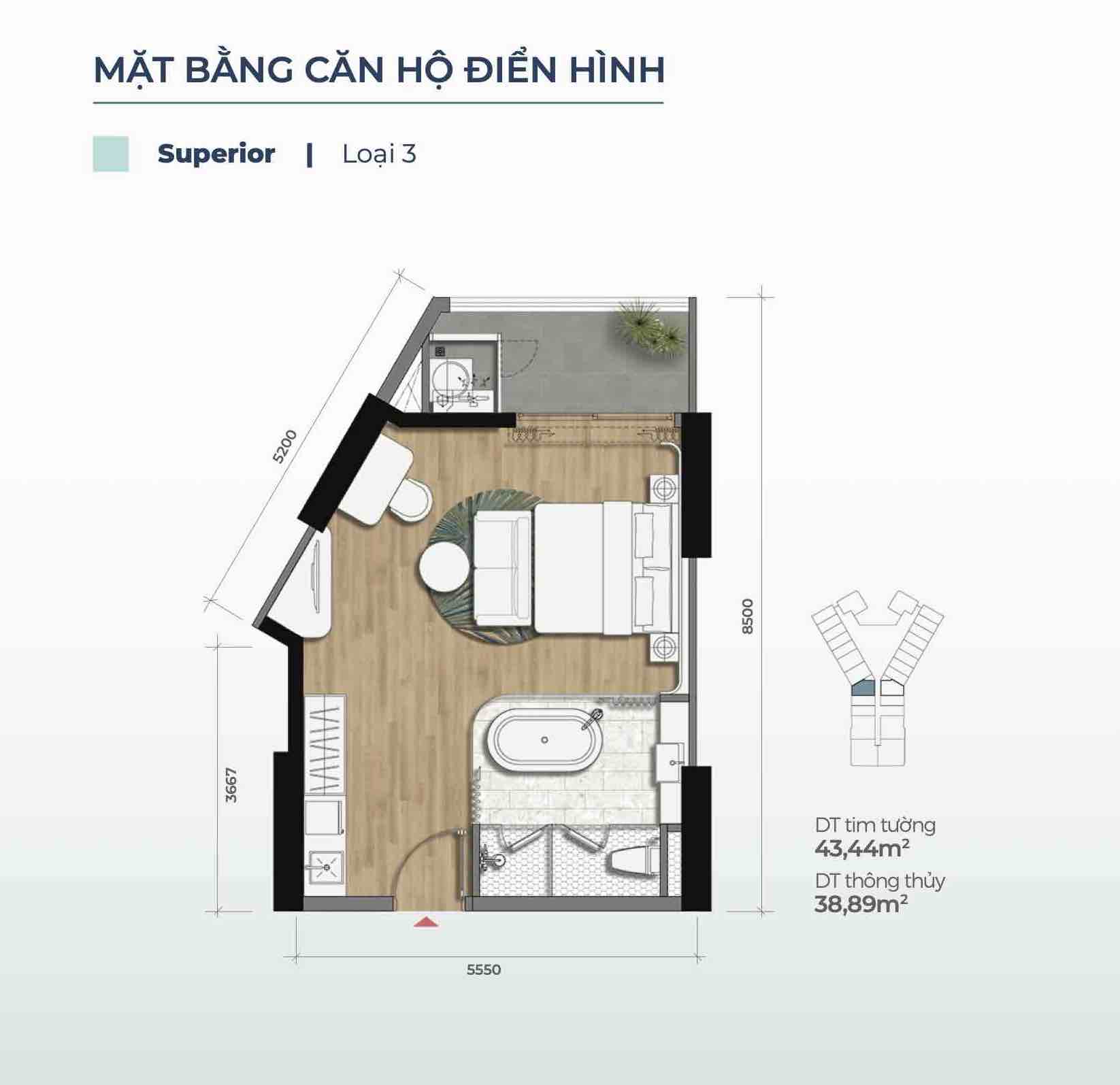 Layout căn Superior loại 3 (Căn 1PN) Merry Home - Marina District Quy Nhơn