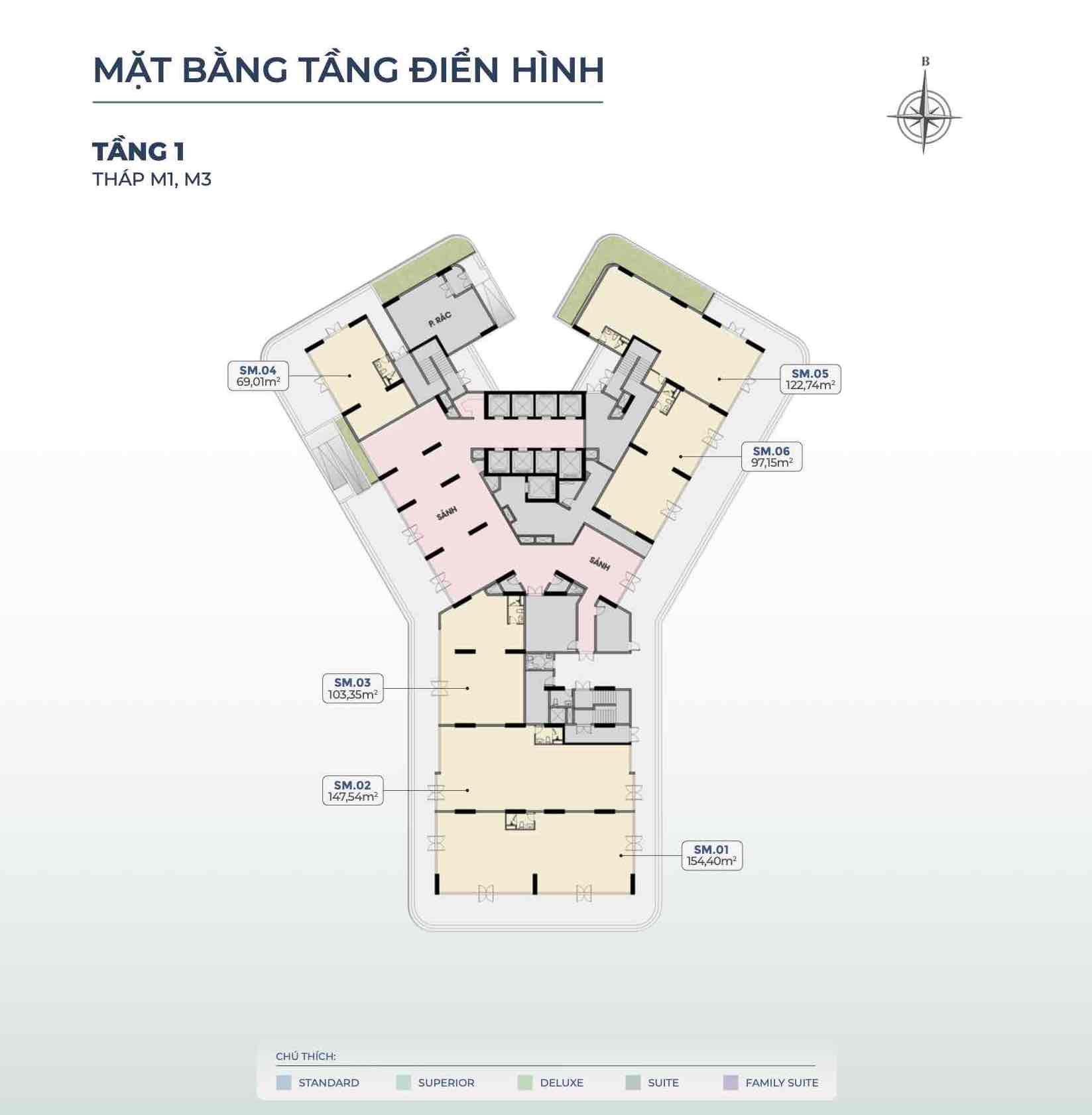 Mặt bằng tầng 1 tháp M1, M3 MerryHome Quy Nhơn