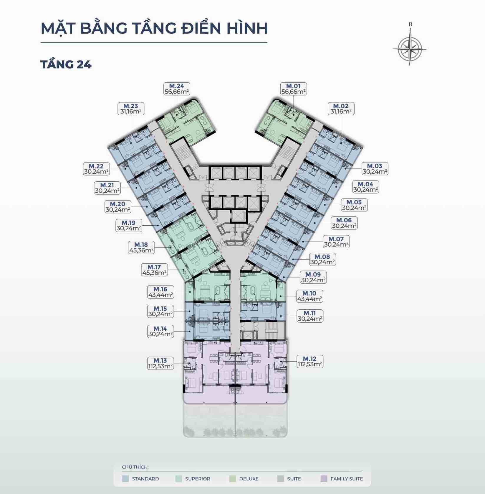 Mặt bằng tầng 24 tháp M1, M2, M3, M4, M5, M6 Merry Home Quy Nhơn