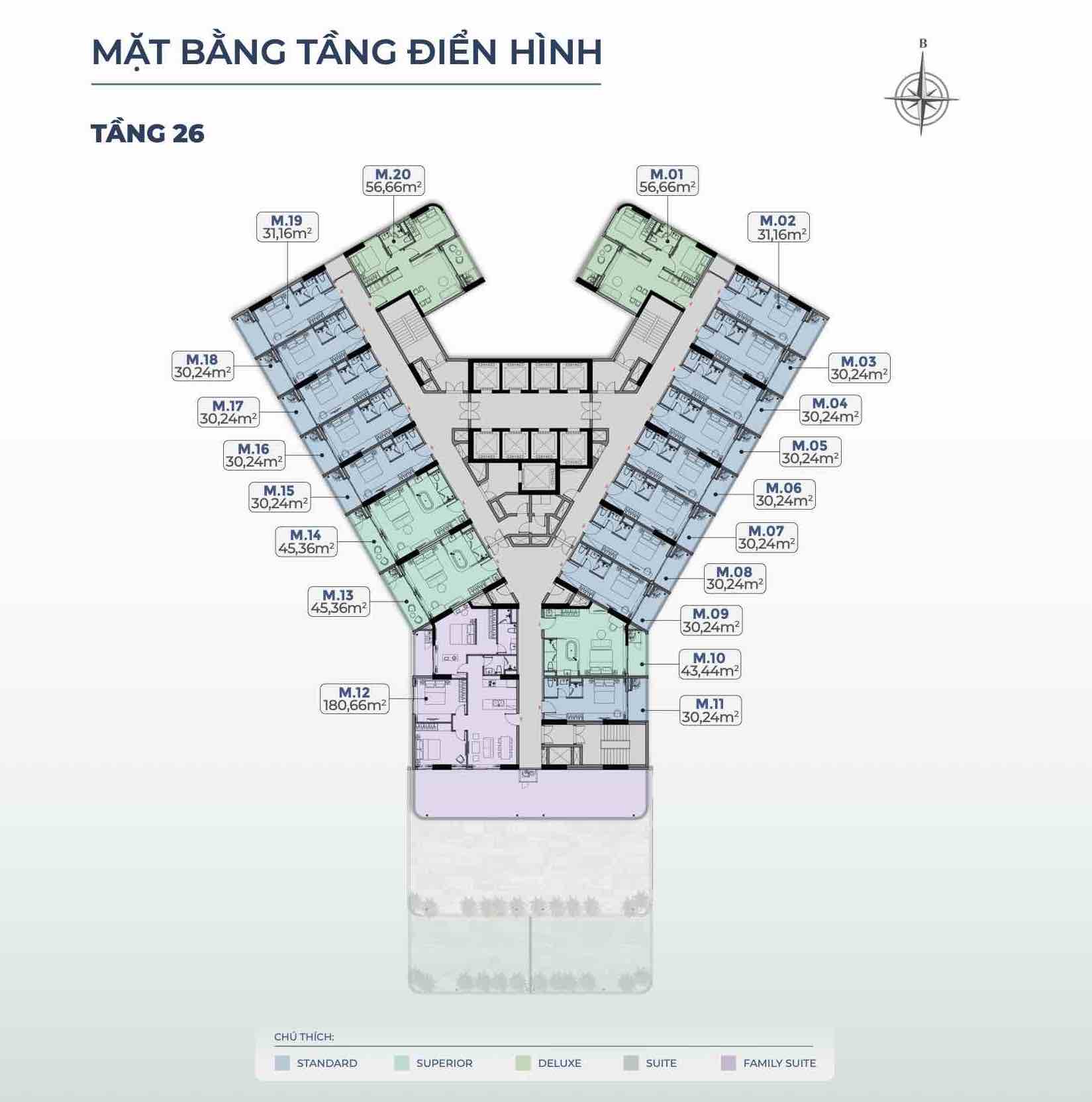 Mặt bằng tầng 26 tháp M1, M2, M3, M4, M5, M6 Merry Home Quy Nhơn