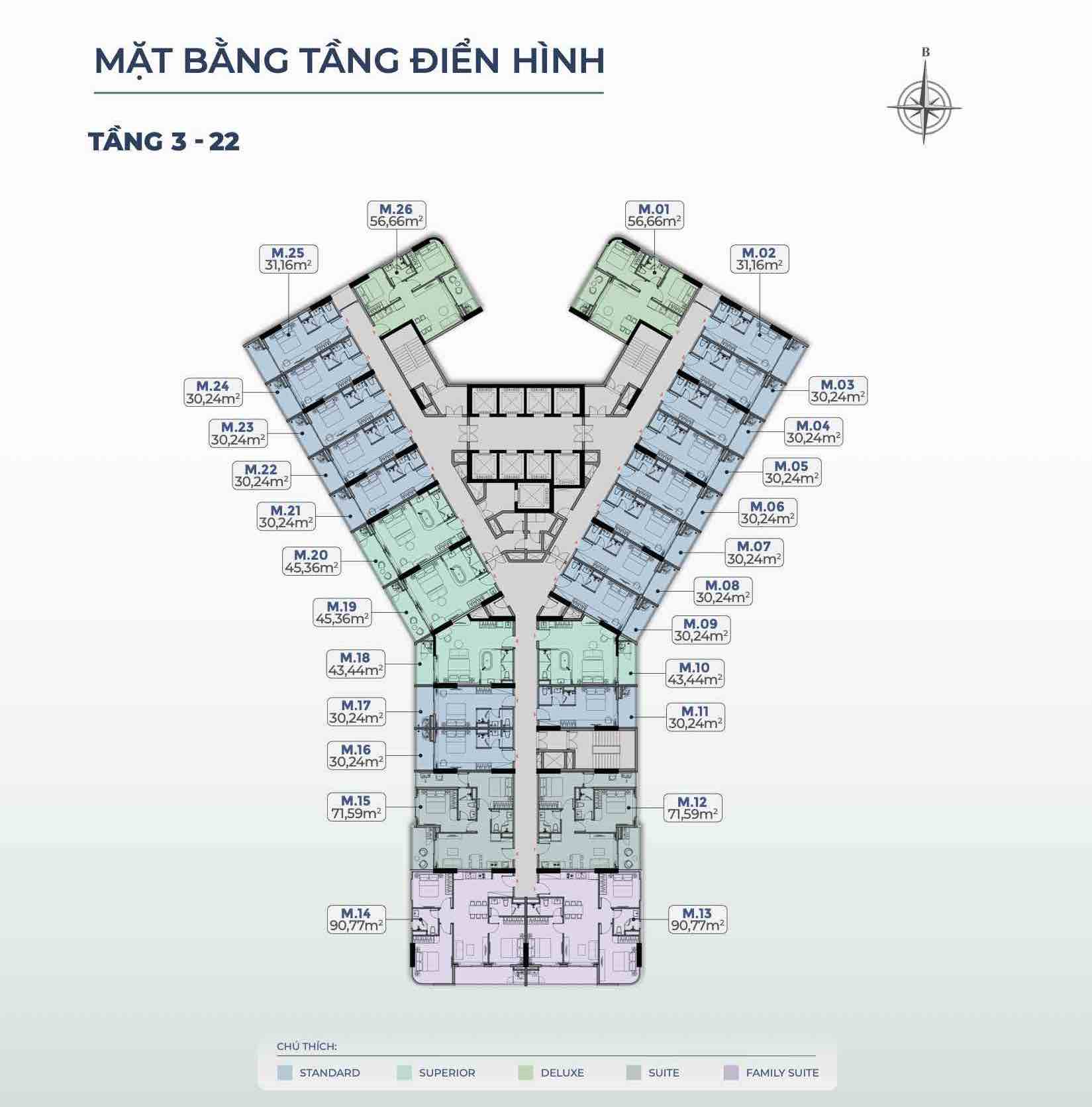 Mặt bằng tầng 3 đến tầng 22 tháp M1, M2, M3, M4, M5, M6 Merry Home Quy Nhơn