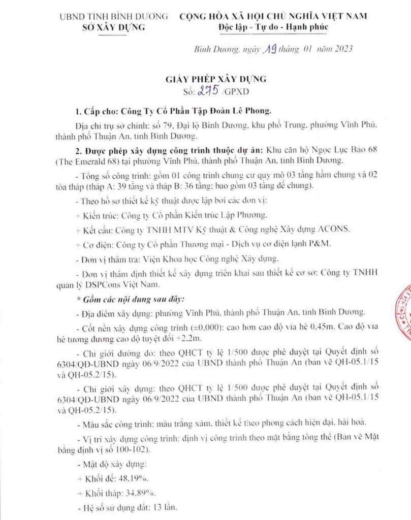 Giấy phép xây dựng The Emerald 68