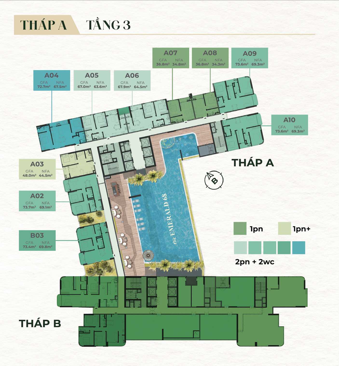 Mặt bằng căn hộ tầng 3 tháp A The Emerald 68