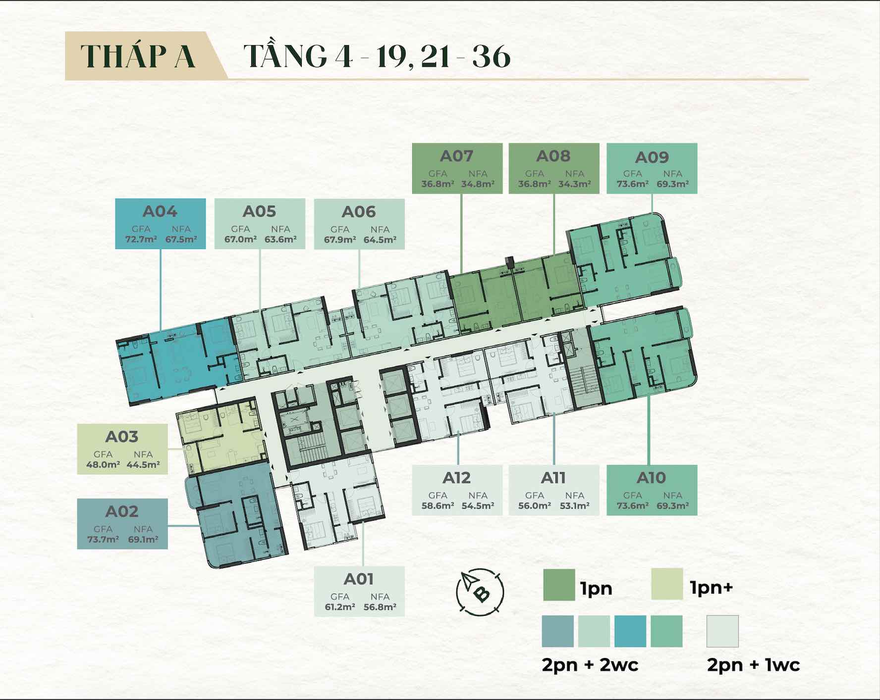 Mặt bằng căn hộ tầng 4 - 19, 21 - 36 tháp A The Emerald 68
